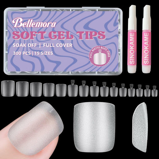 Sharp 300PCS Square Toe Nail Tips Full Cover Soft Gel 15 Sizes