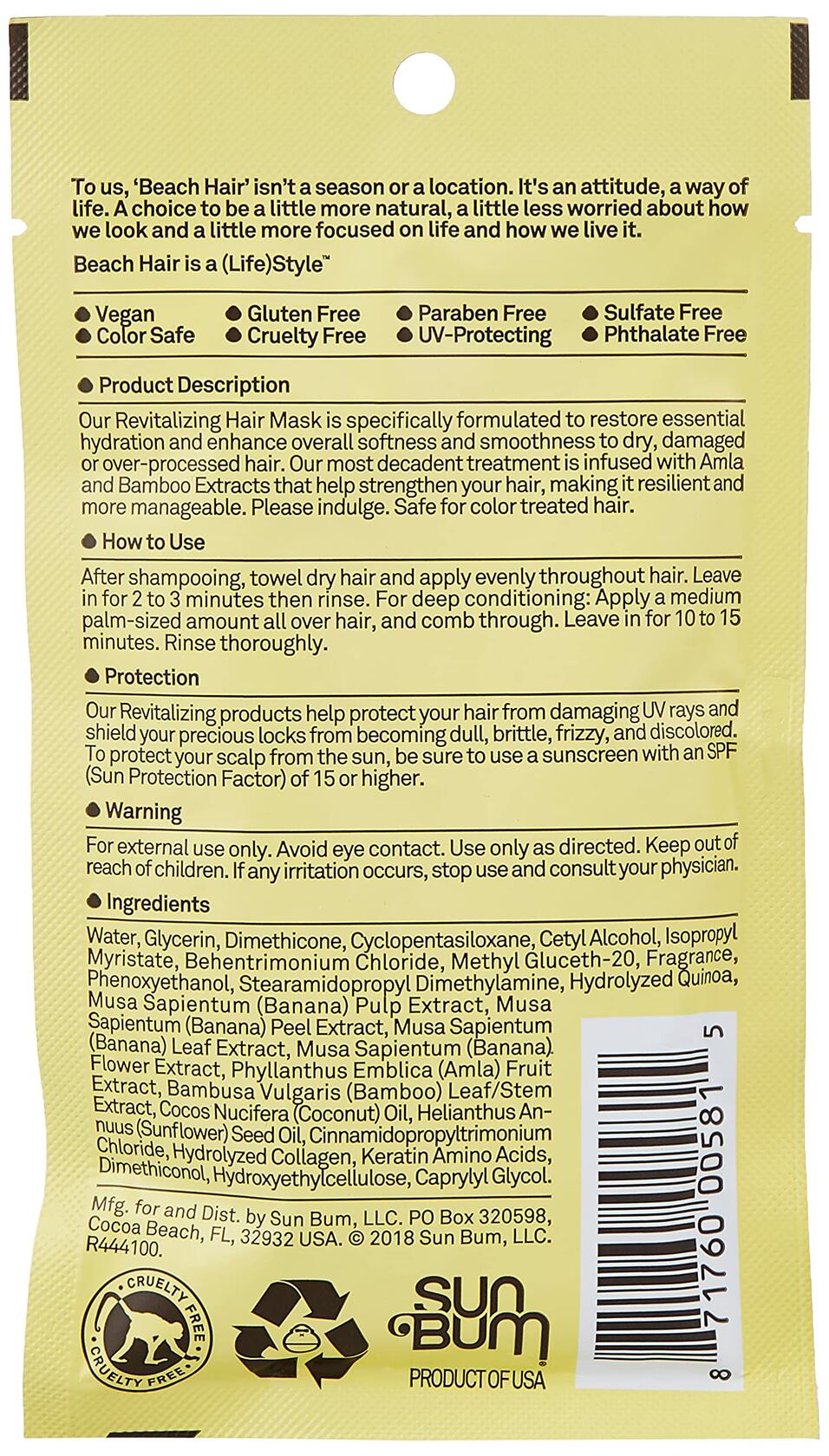 Sun Bum 000 Hair Mask Deep Conditioning Moisturizing Treatment 6oz