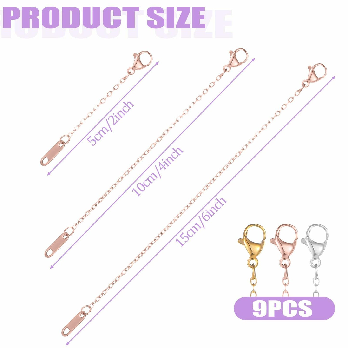Dimeho 9 Pc Necklace Extender Set Silver Gold Lobster Clasp 2-6 Inch