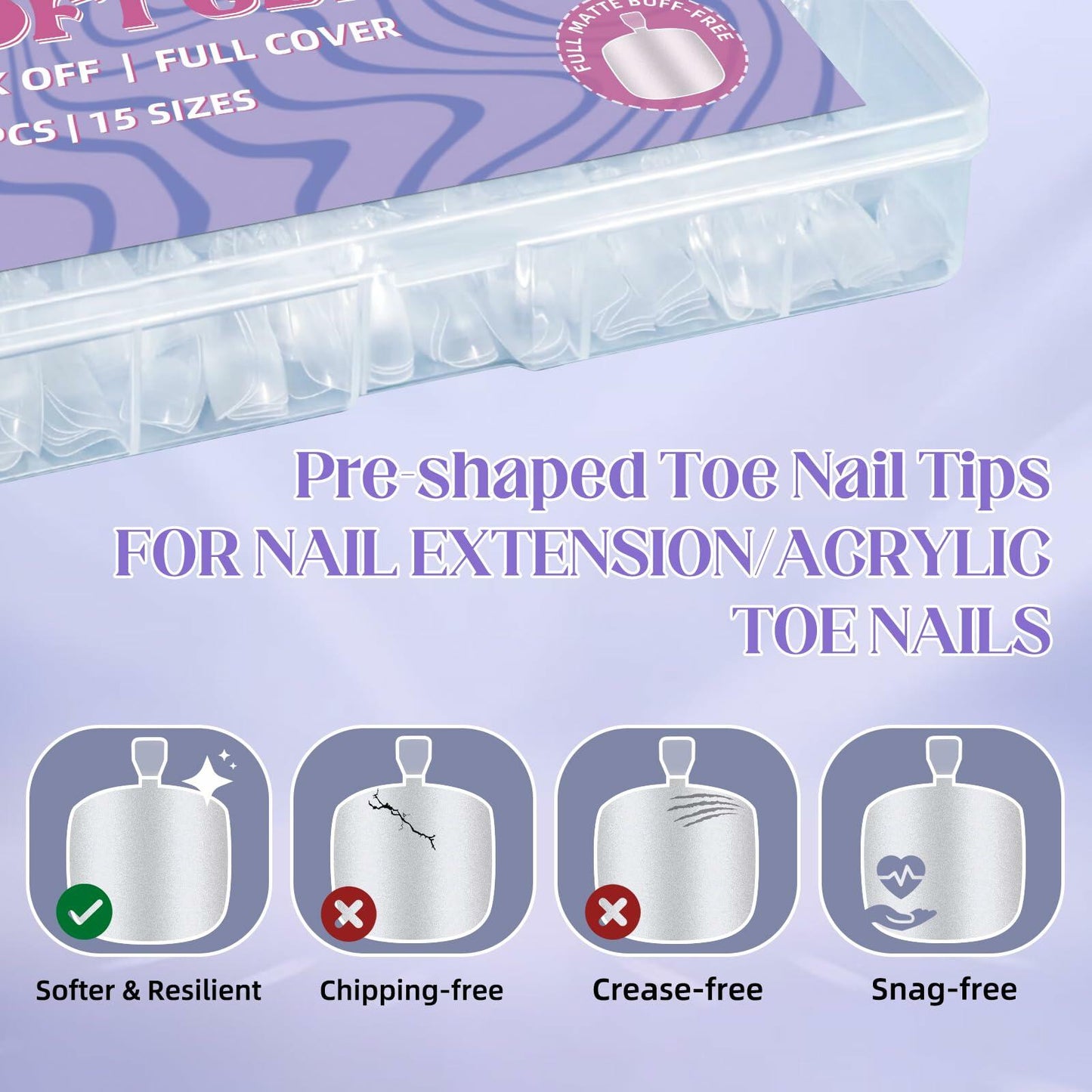Sharp 300PCS Square Toe Nail Tips Full Cover Soft Gel 15 Sizes