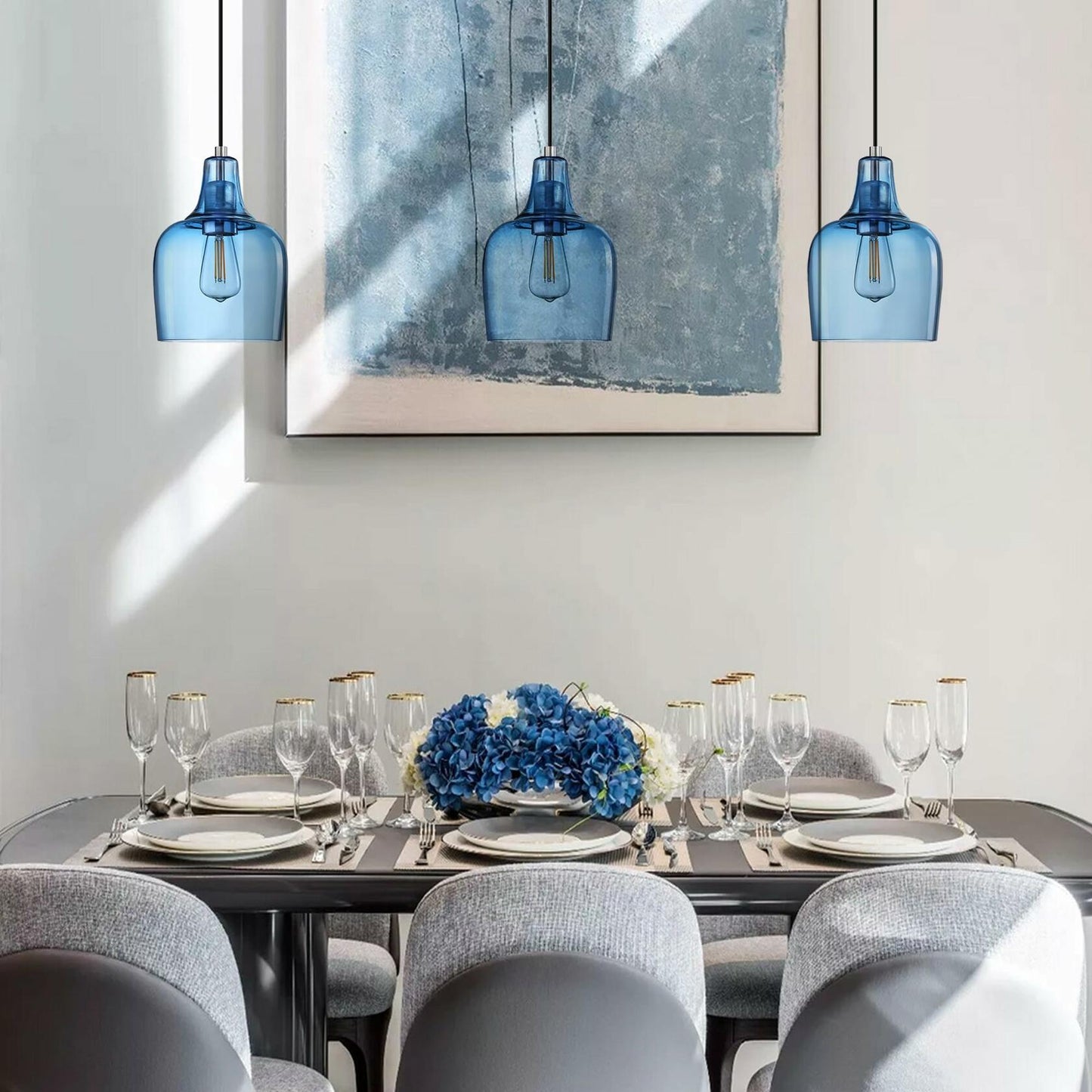 3 Pack Blue Glass Pendant Lights 6.1" Brushed Nickel Indoor Kitchen Island