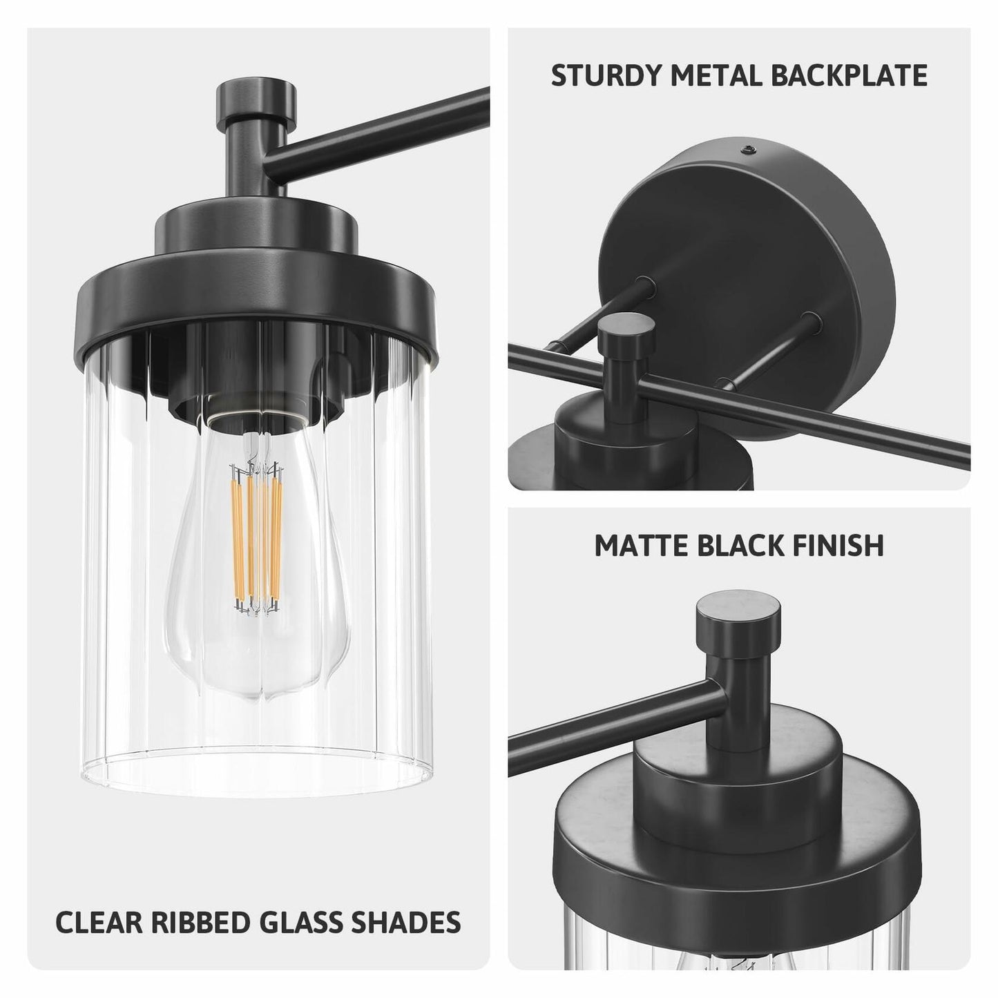 VONLUCE 3-Light Vanity Light Black Glass Shades Bathroom Fixture Over Mirror