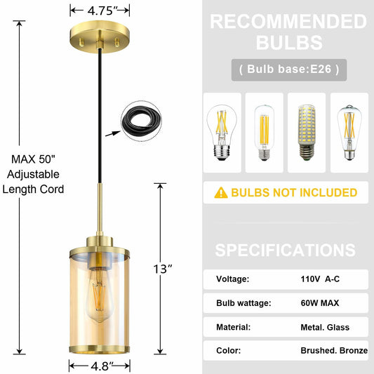 Dolaimi 3 Pack Amber Glass Pendant Lights Brushed Bronze Indoor Kitchen