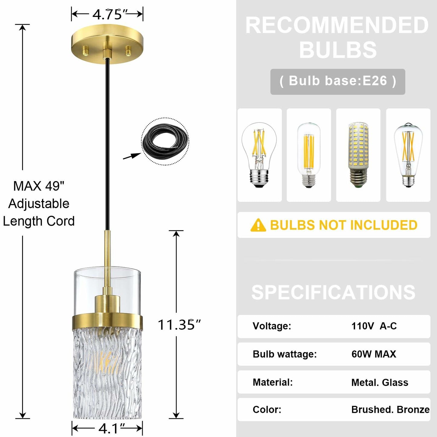 RAINLIGHTING 3 Pack Kitchen Island Pendant Light Clear Grey Glass Bronze
