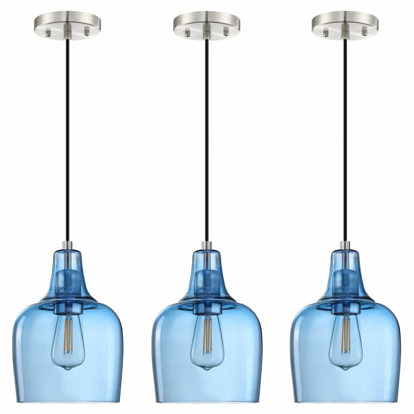 3 Pack Blue Glass Pendant Lights 6.1" Brushed Nickel Indoor Kitchen Island