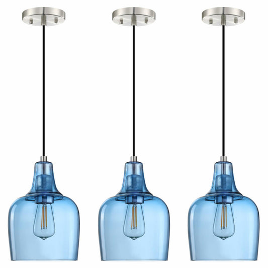 3 Pack Blue Glass Pendant Lights 6.1" Brushed Nickel Indoor Kitchen Island