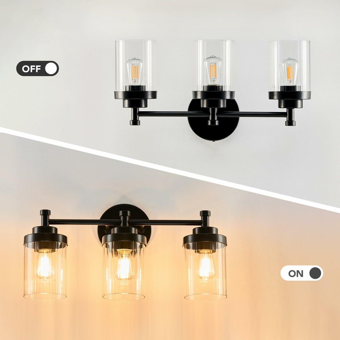 VONLUCE 3-Light Vanity Light Black Glass Shades Bathroom Fixture Over Mirror