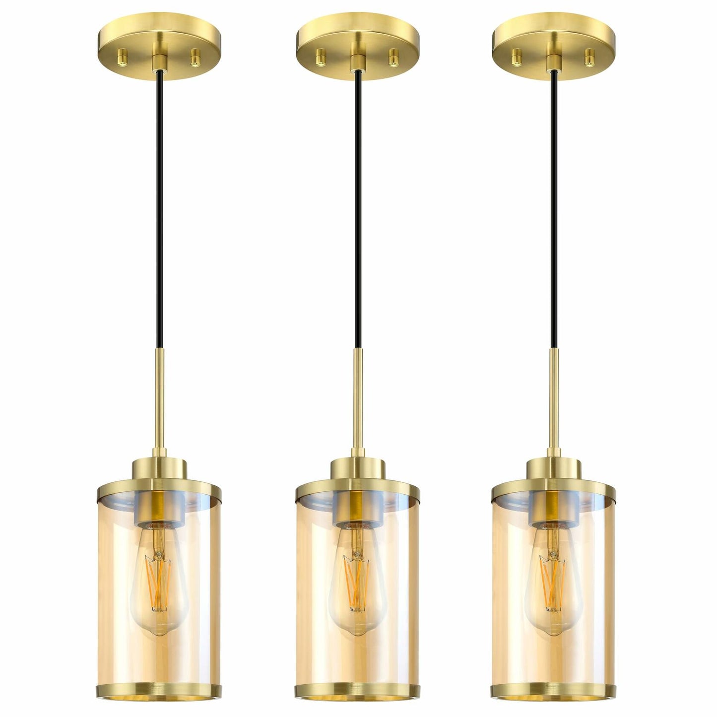 Dolaimi 3 Pack Amber Glass Pendant Lights Brushed Bronze Indoor Kitchen