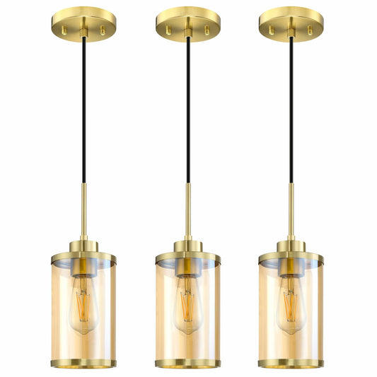 Dolaimi 3 Pack Amber Glass Pendant Lights Brushed Bronze Indoor Kitchen