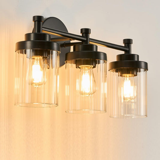 VONLUCE 3-Light Vanity Light Black Glass Shades Bathroom Fixture Over Mirror