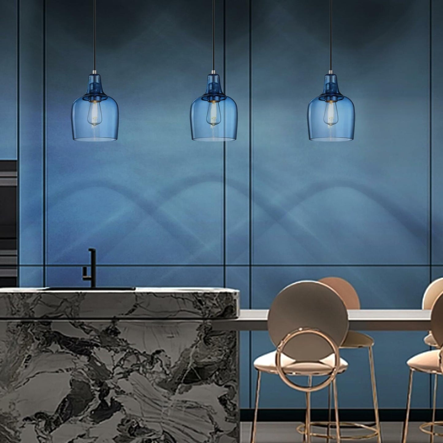 3 Pack Blue Glass Pendant Lights 6.1" Brushed Nickel Indoor Kitchen Island
