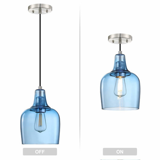 3 Pack Blue Glass Pendant Lights 6.1" Brushed Nickel Indoor Kitchen Island