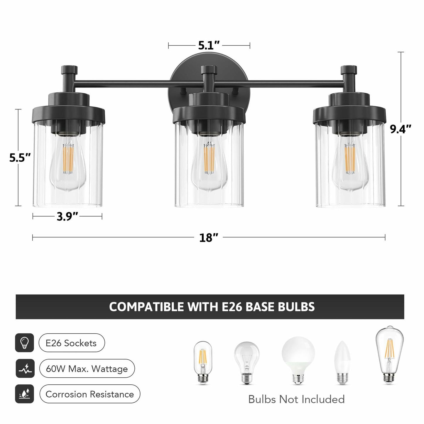 VONLUCE 3-Light Vanity Light Black Glass Shades Bathroom Fixture Over Mirror