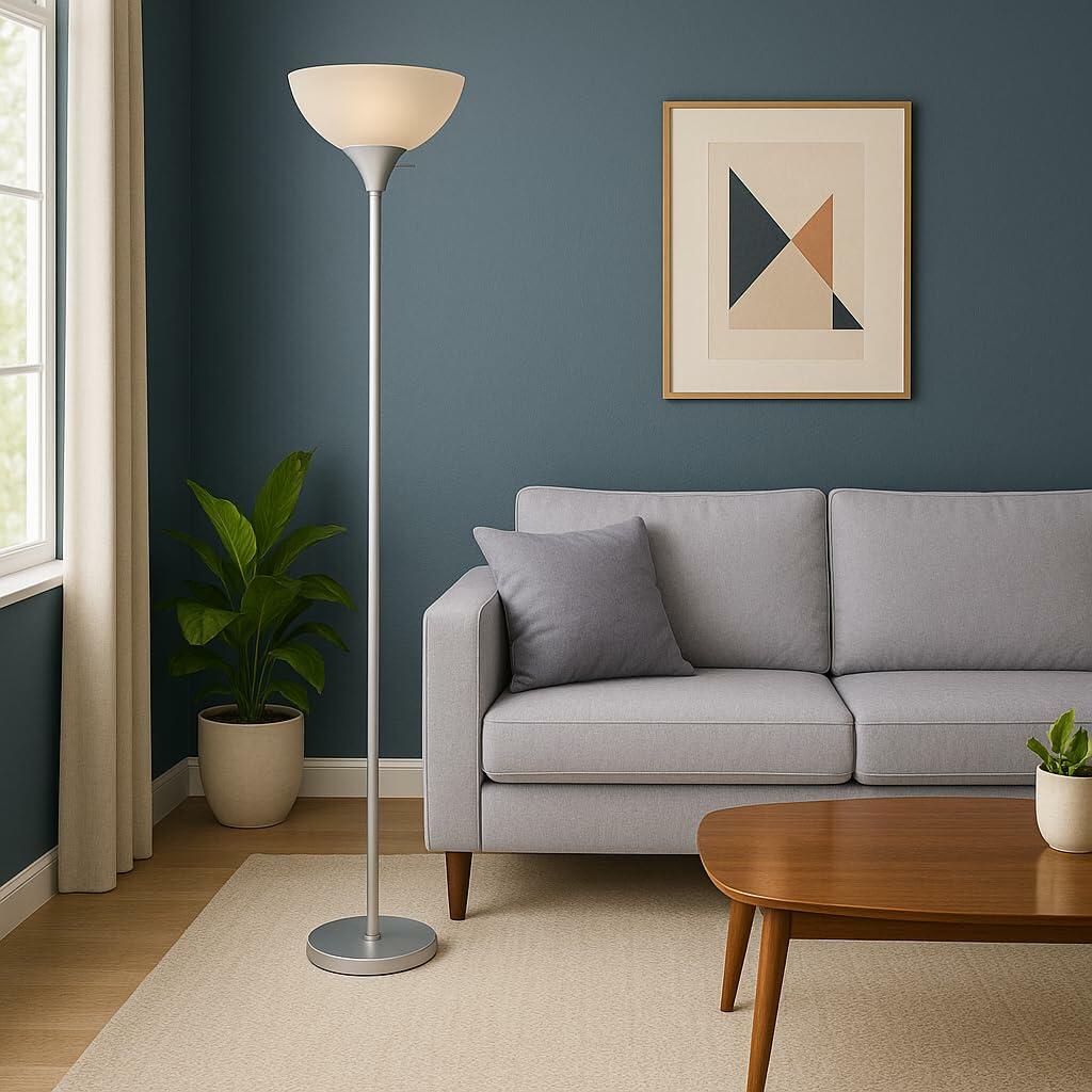 LIGHTACCENTS 72" Silver Torchiere Floor Lamp White Opal Shade 150W E26 Base