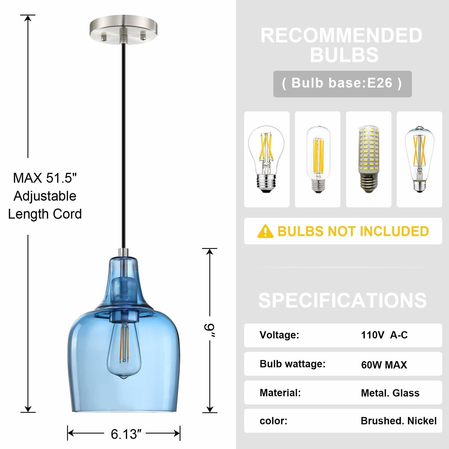 3 Pack Blue Glass Pendant Lights 6.1" Brushed Nickel Indoor Kitchen Island