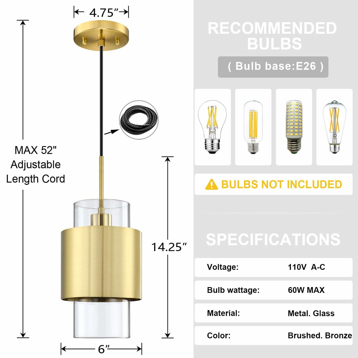 3 Pack Globe Electric 6" Clear Glass Pendant Lights Brushed Bronze Finish