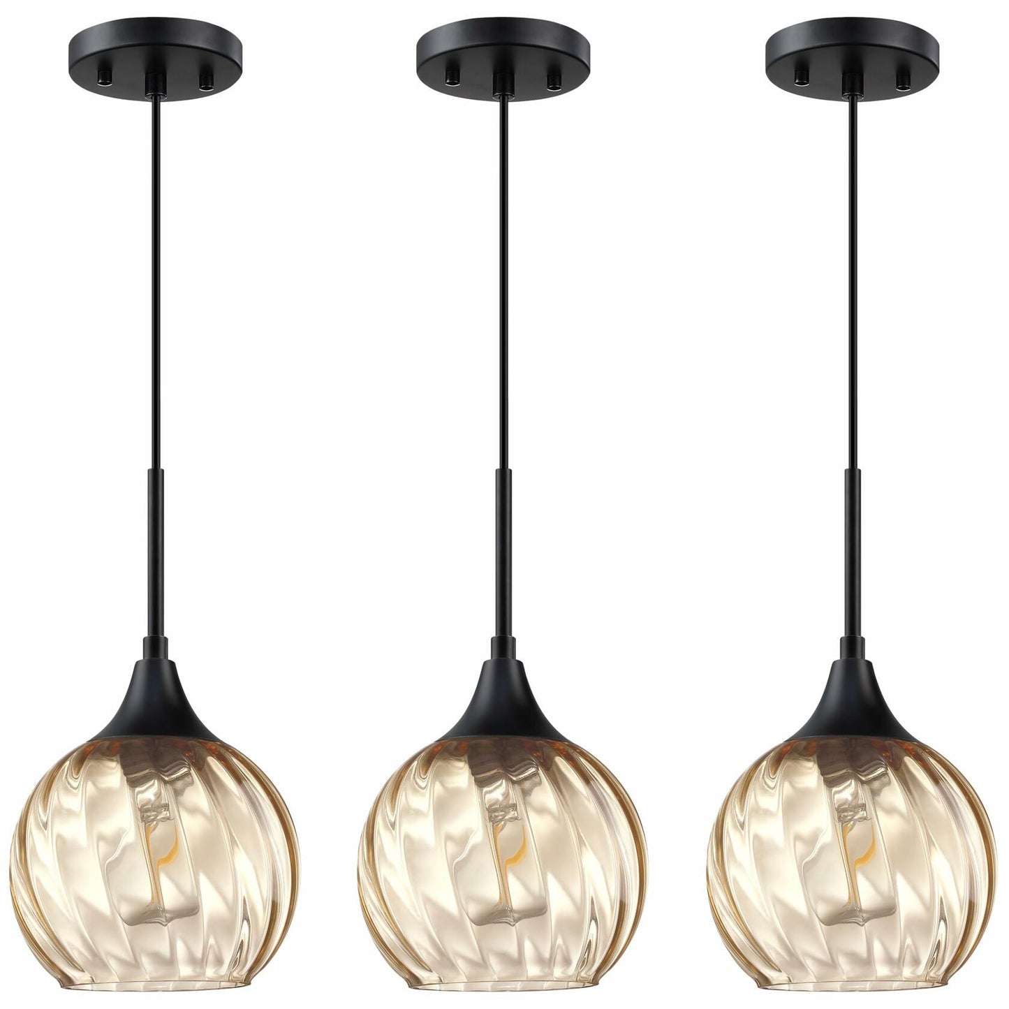3 Pack 6.3" Amber Glass Pendant Lights Brushed Bronze Indoor Kitchen Island