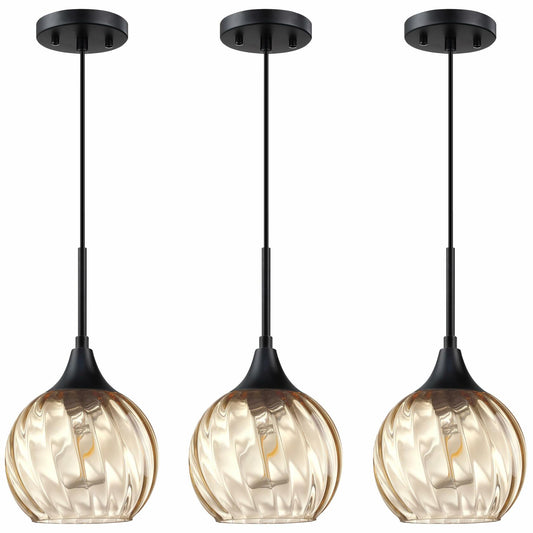 3 Pack 6.3" Amber Glass Pendant Lights Brushed Bronze Indoor Kitchen Island