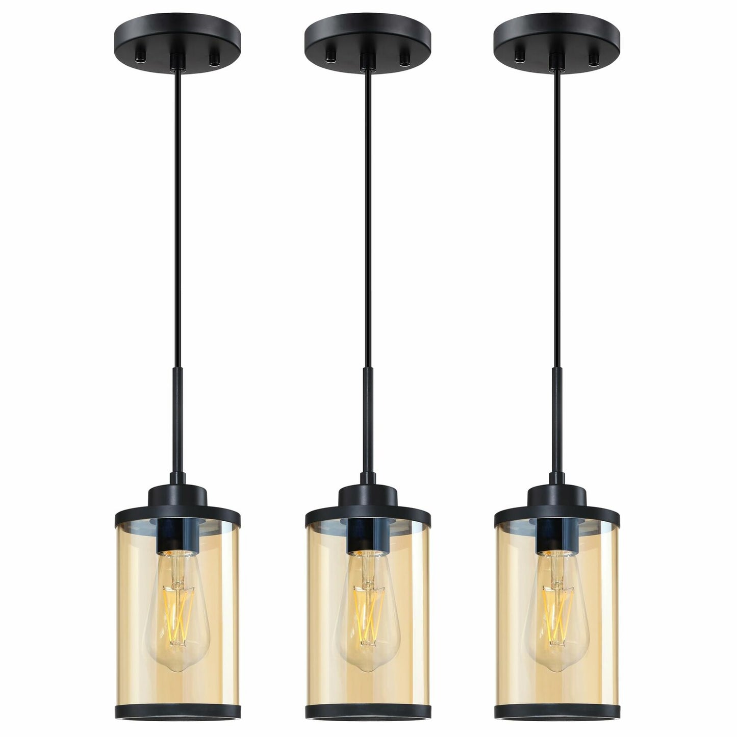 RAINLIGHTING 3 Pack Kitchen Island Pendant Lights Black Clear Amber Glass