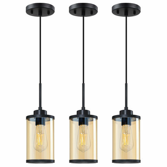 RAINLIGHTING 3 Pack Kitchen Island Pendant Lights Black Clear Amber Glass