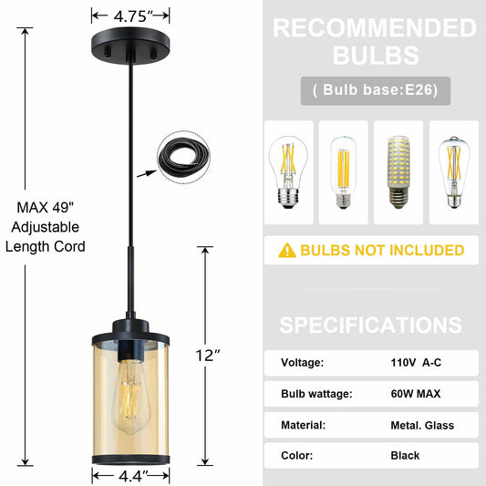 RAINLIGHTING 3 Pack Kitchen Island Pendant Lights Black Clear Amber Glass