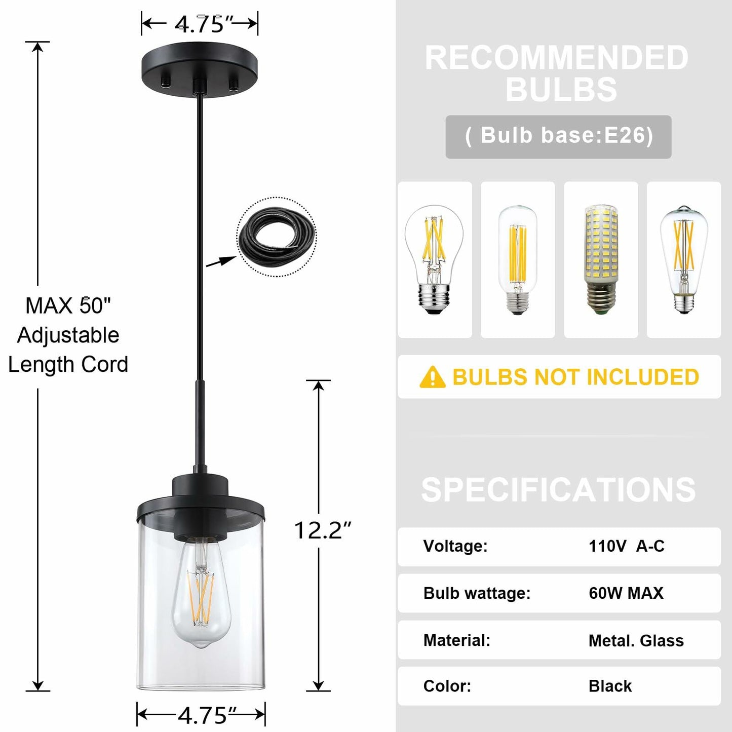 3 Pack Modern Farmhouse Pendant Light 4.7" Clear Glass Black Finish