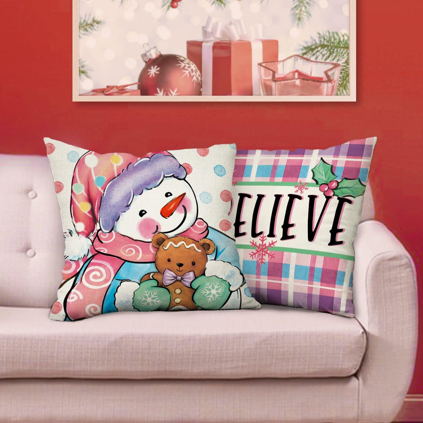 Fjfz Set of 4 Christmas Snowman Santa Pillow Covers 16x16 Plaid Polka Dot