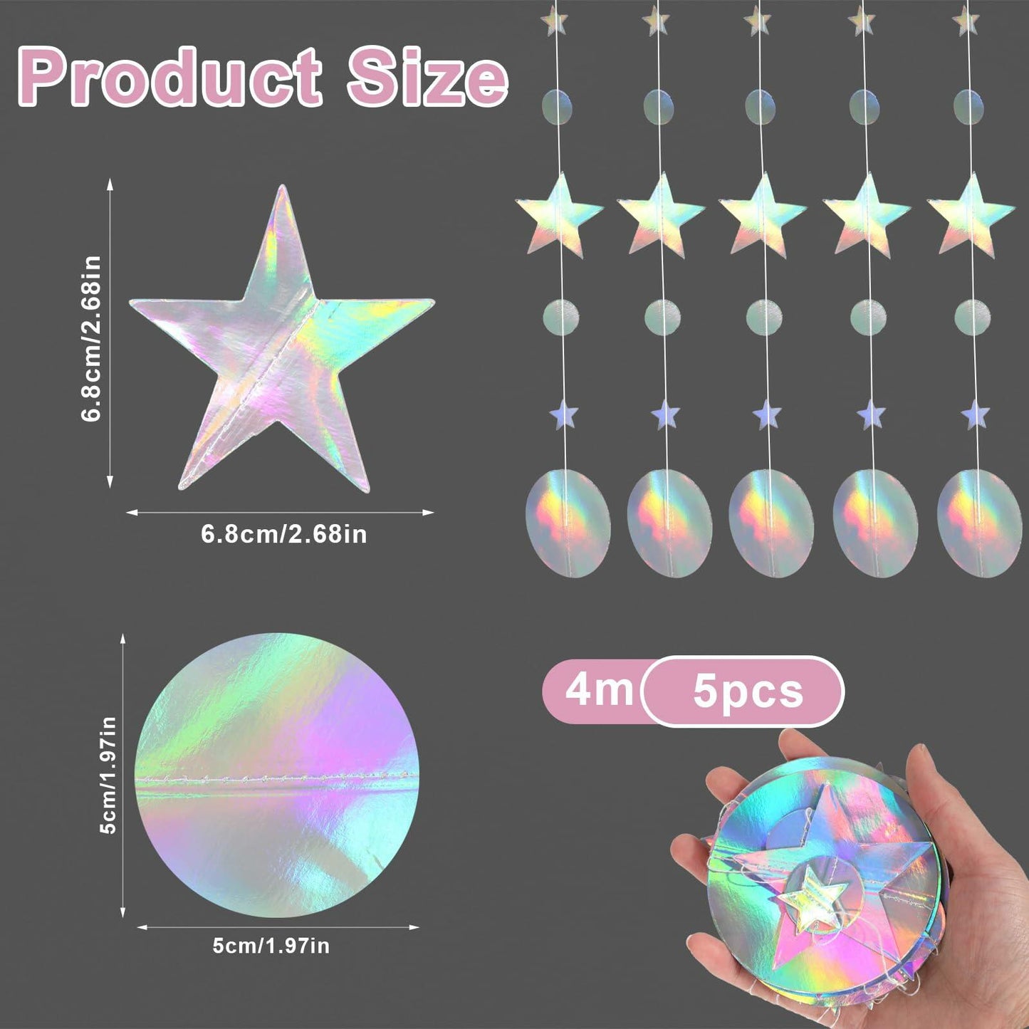 Giantree 65Ft Iridescent Star Circle Dot Garland 5Pcs Wedding Party Decor