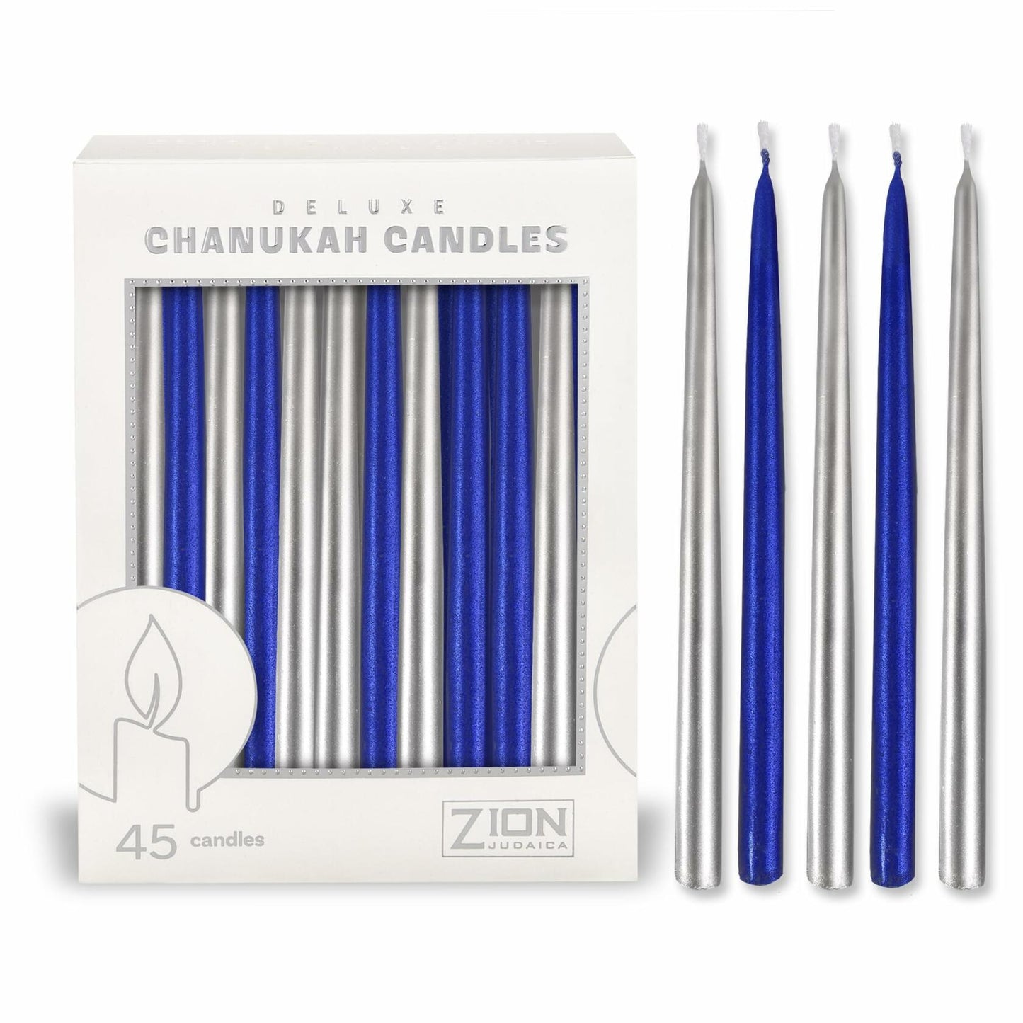 Zion Judaica Deluxe Chanukah Candles Set of 45 Metallic Blue & Silver Hand