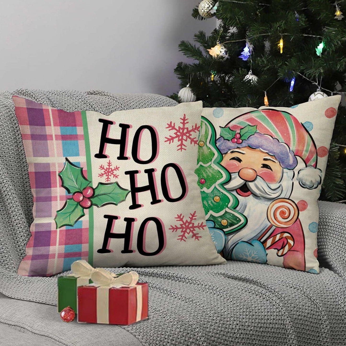 Fjfz Set of 4 Christmas Snowman Santa Pillow Covers 16x16 Plaid Polka Dot