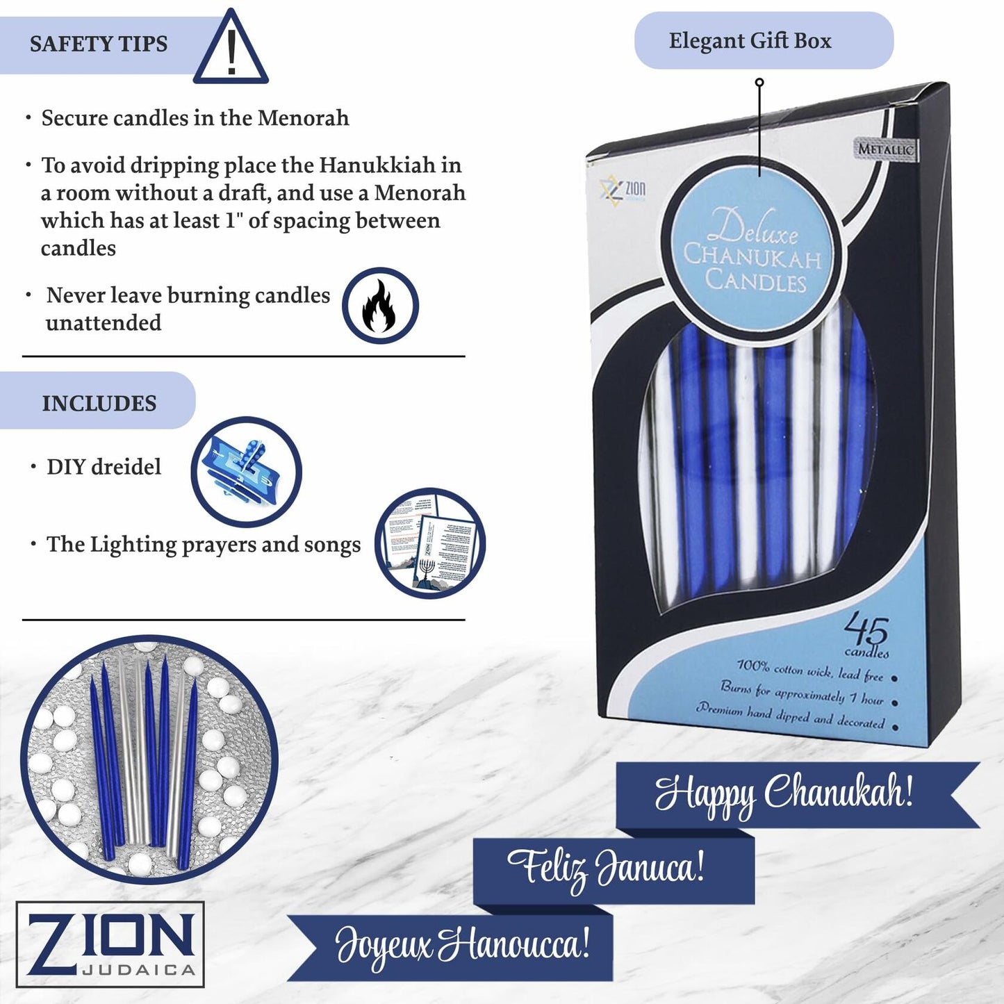 Zion Judaica Deluxe Chanukah Candles Set of 45 Metallic Blue & Silver Hand