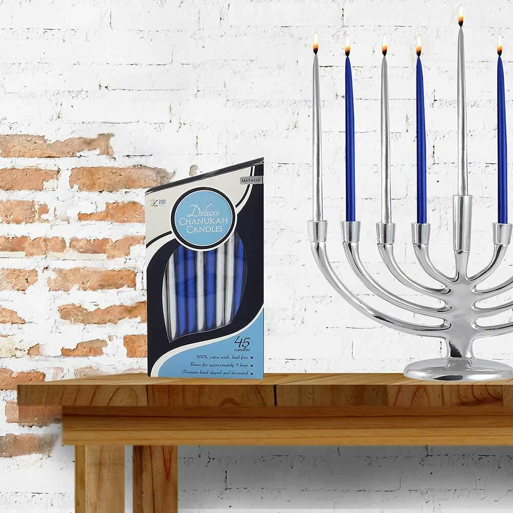 Zion Judaica Deluxe Chanukah Candles Set of 45 Metallic Blue & Silver Hand