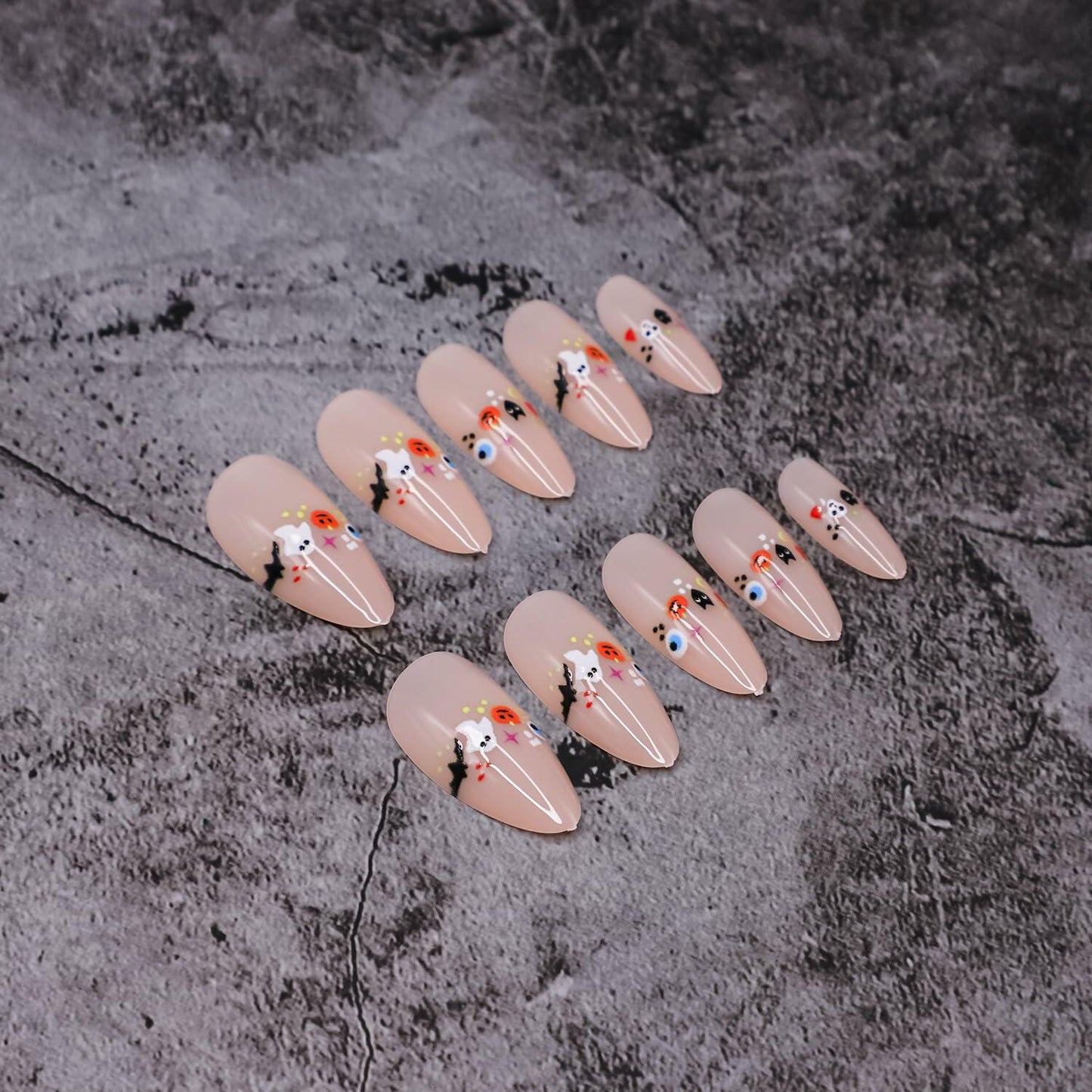 RIICFDD 24 Pcs Medium Black French Tip Halloween Press-On Almond Fake Nails