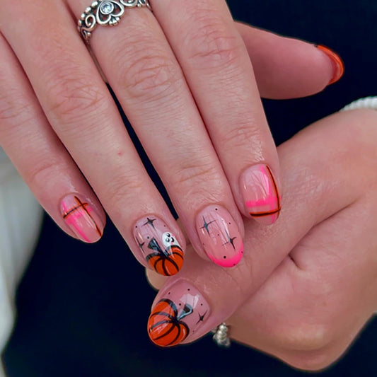 RIICFDD Halloween Press On Nails 24 Pcs Light Pink Almond Full Cover Cute