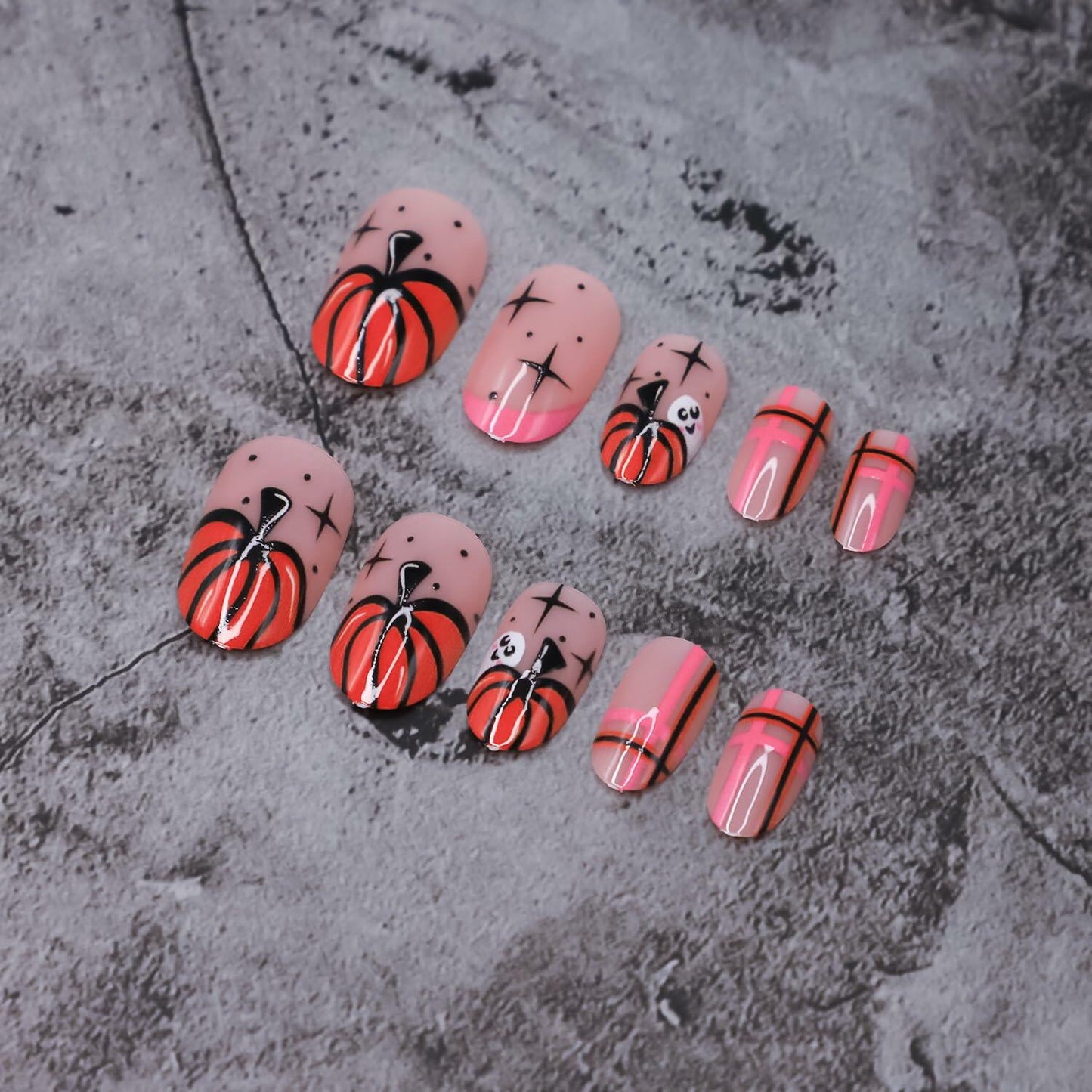 RIICFDD Halloween Press On Nails 24 Pcs Light Pink Almond Full Cover Cute