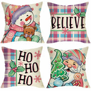 Fjfz Set of 4 Christmas Snowman Santa Pillow Covers 16x16 Plaid Polka Dot