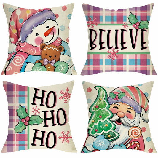 Fjfz Set of 4 Christmas Snowman Santa Pillow Covers 16x16 Plaid Polka Dot