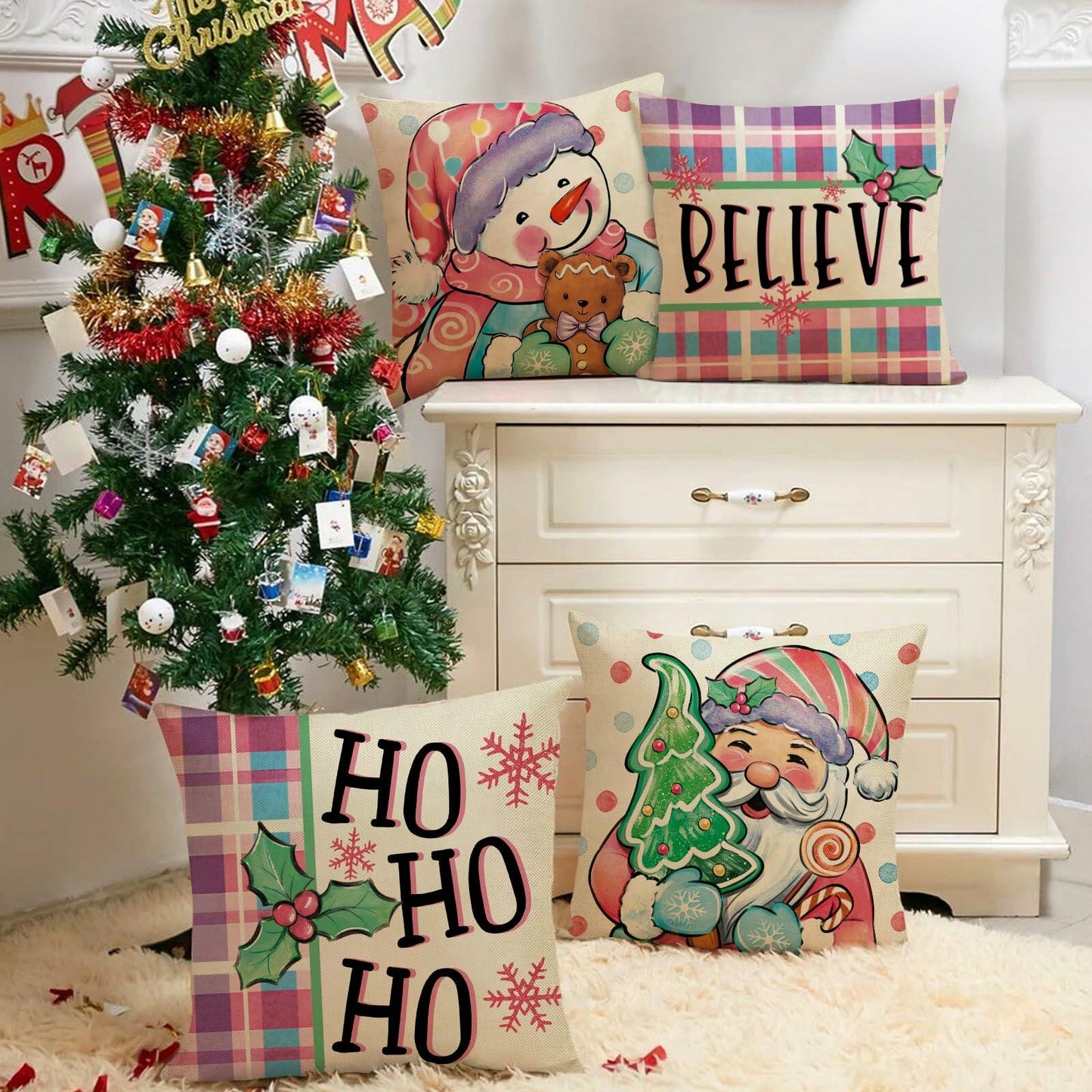 Fjfz Set of 4 Christmas Snowman Santa Pillow Covers 16x16 Plaid Polka Dot