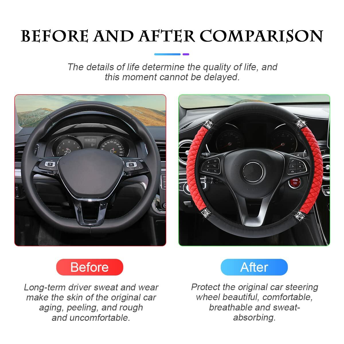 Bling Soft Leather Steering Wheel Cover 15 Inch Red Rhinestones