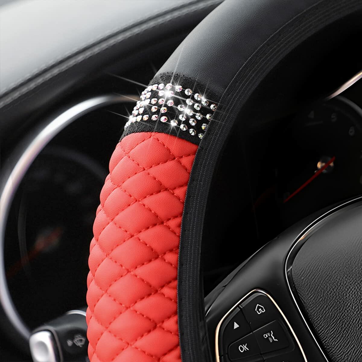 Bling Soft Leather Steering Wheel Cover 15 Inch Red Rhinestones