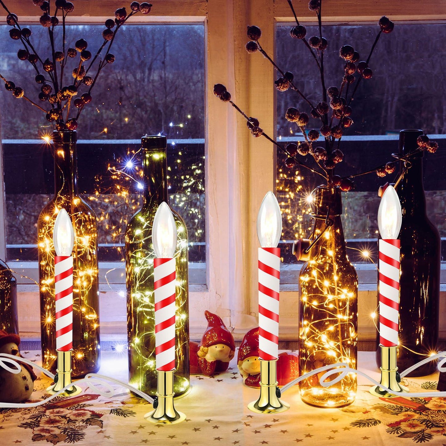 Aurelema 8 Pc Red White Candy Cane Flameless Window Candles Electric Plug-in