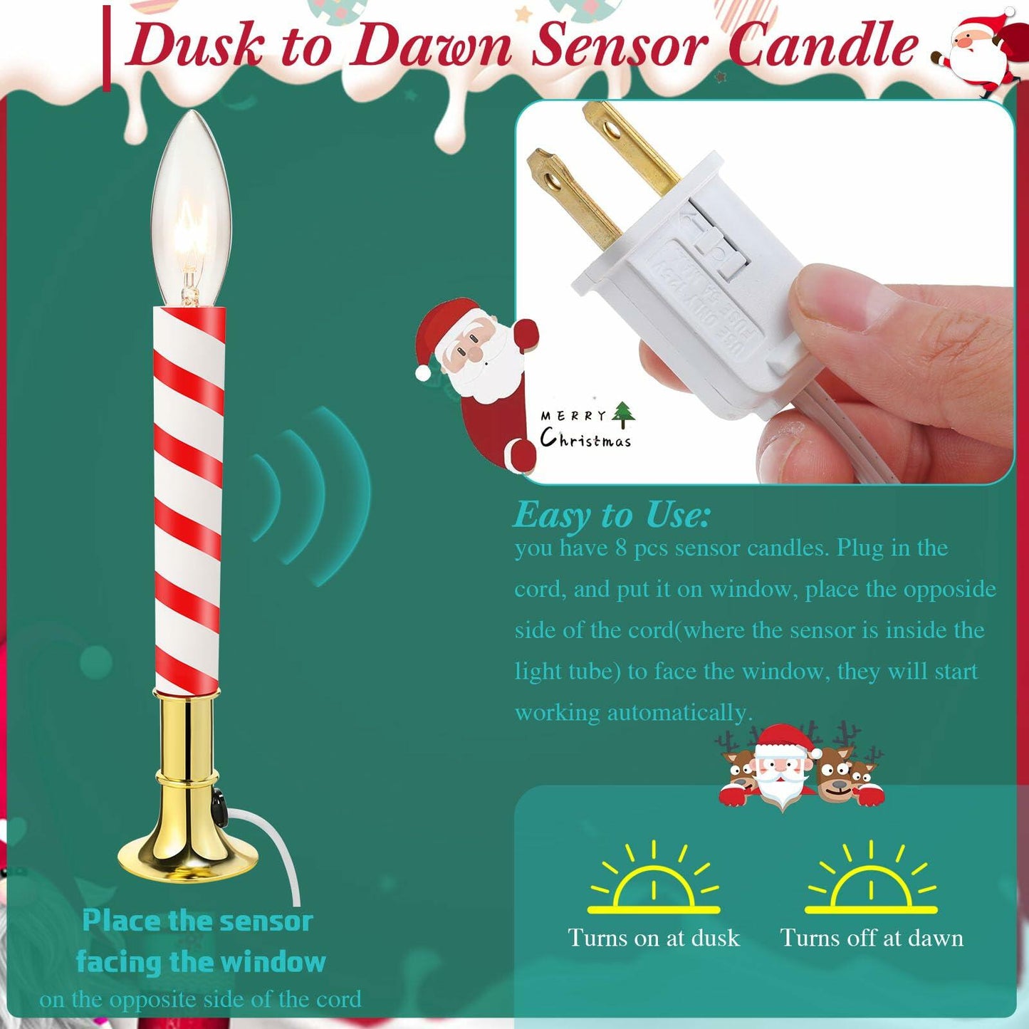 Aurelema 8 Pc Red White Candy Cane Flameless Window Candles Electric Plug-in