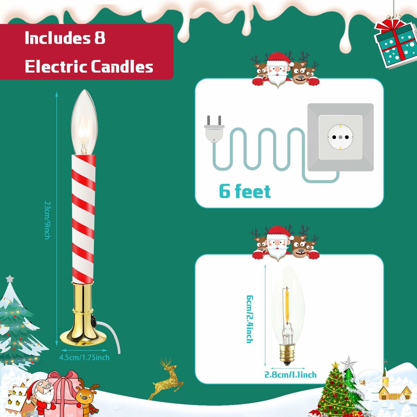 Aurelema 8 Pc Red White Candy Cane Flameless Window Candles Electric Plug-in