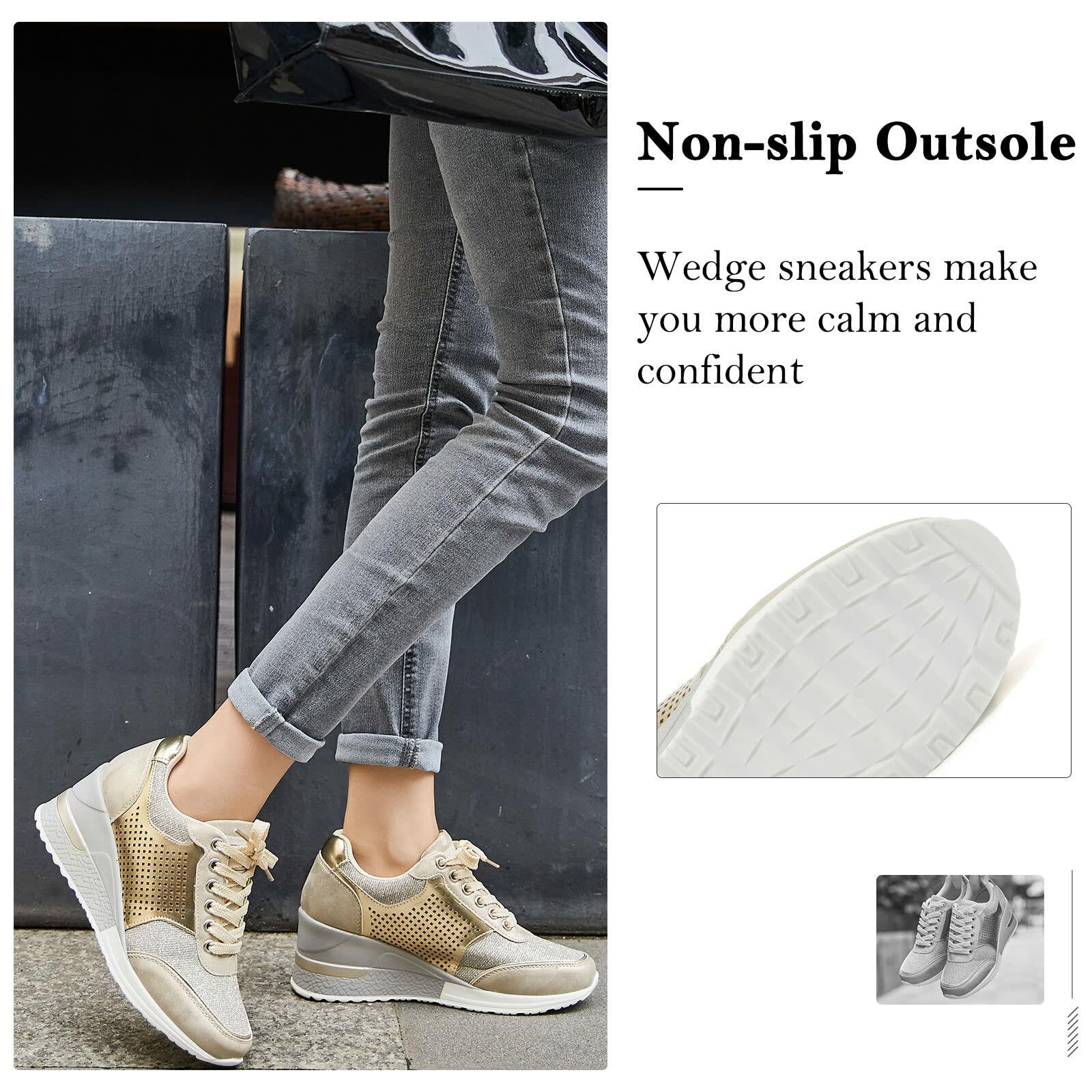 Gold High Heel Wedge Sneakers SM1-GOLD-6.5A Women Lace Up New