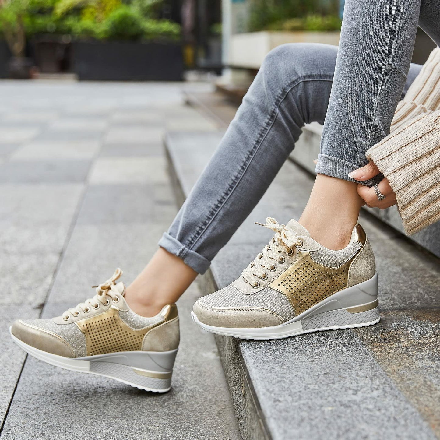 Gold High Heel Wedge Sneakers SM1-GOLD-6.5A Women Lace Up New