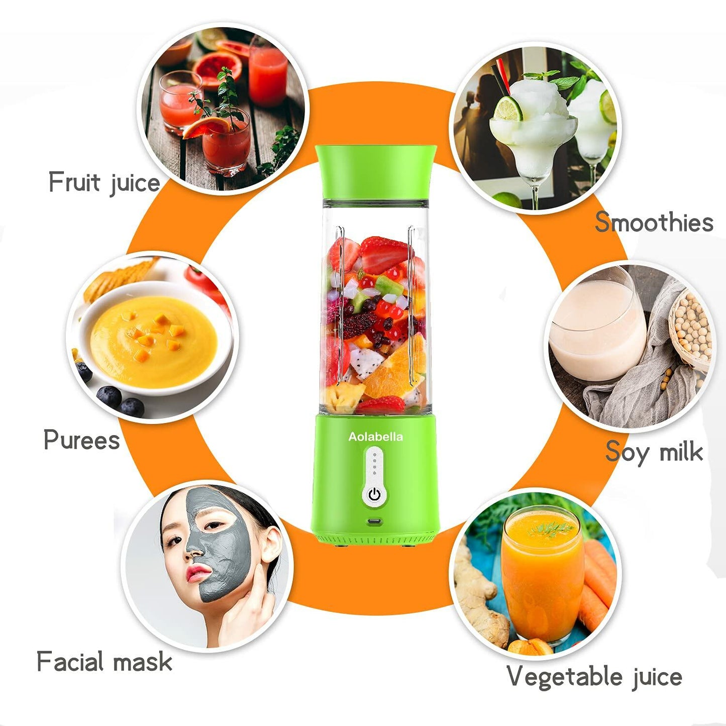 Portable Blender 500ml USB Juicer Cup Green Personal Size with 6 Blades