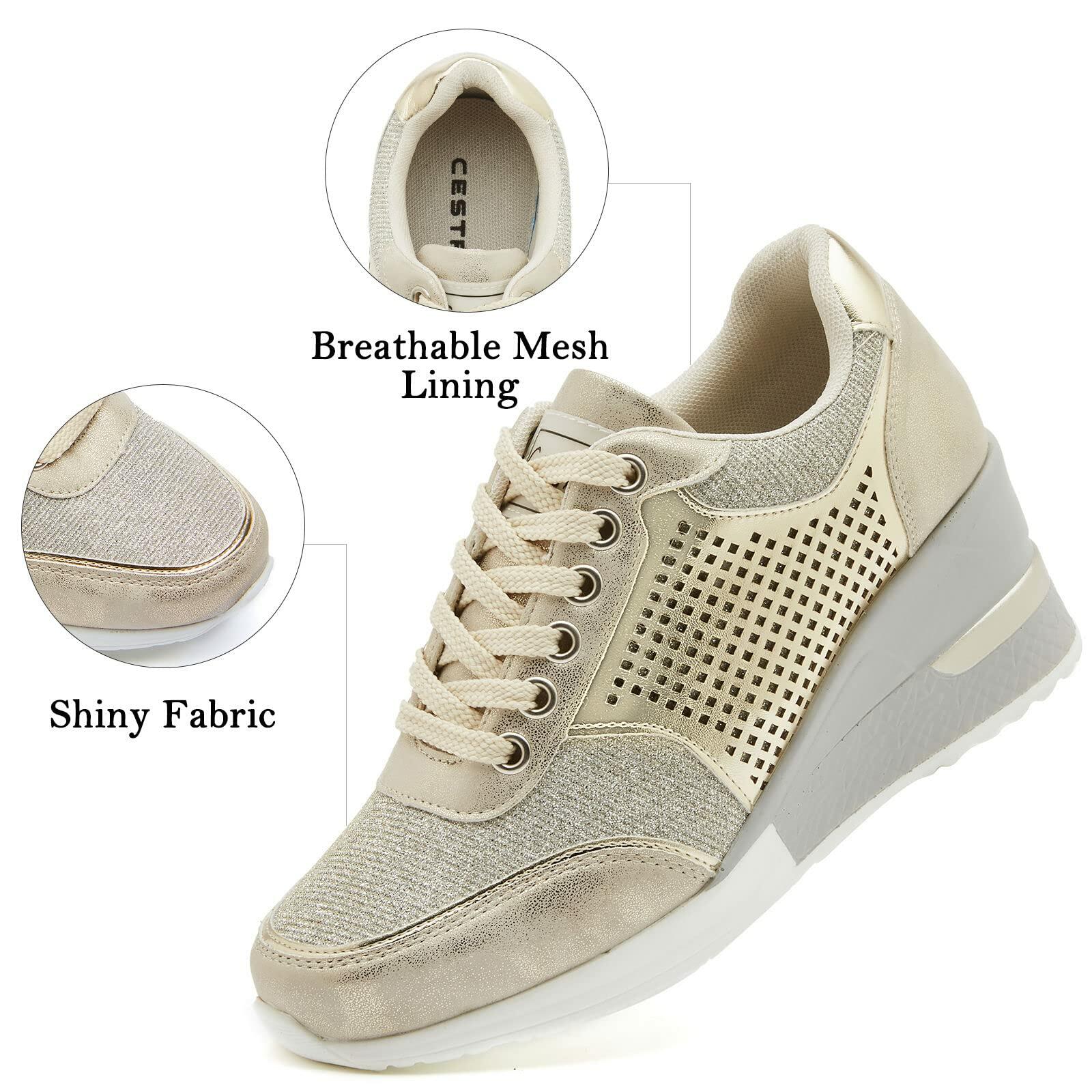 Gold High Heel Wedge Sneakers SM1-GOLD-6.5A Women Lace Up New