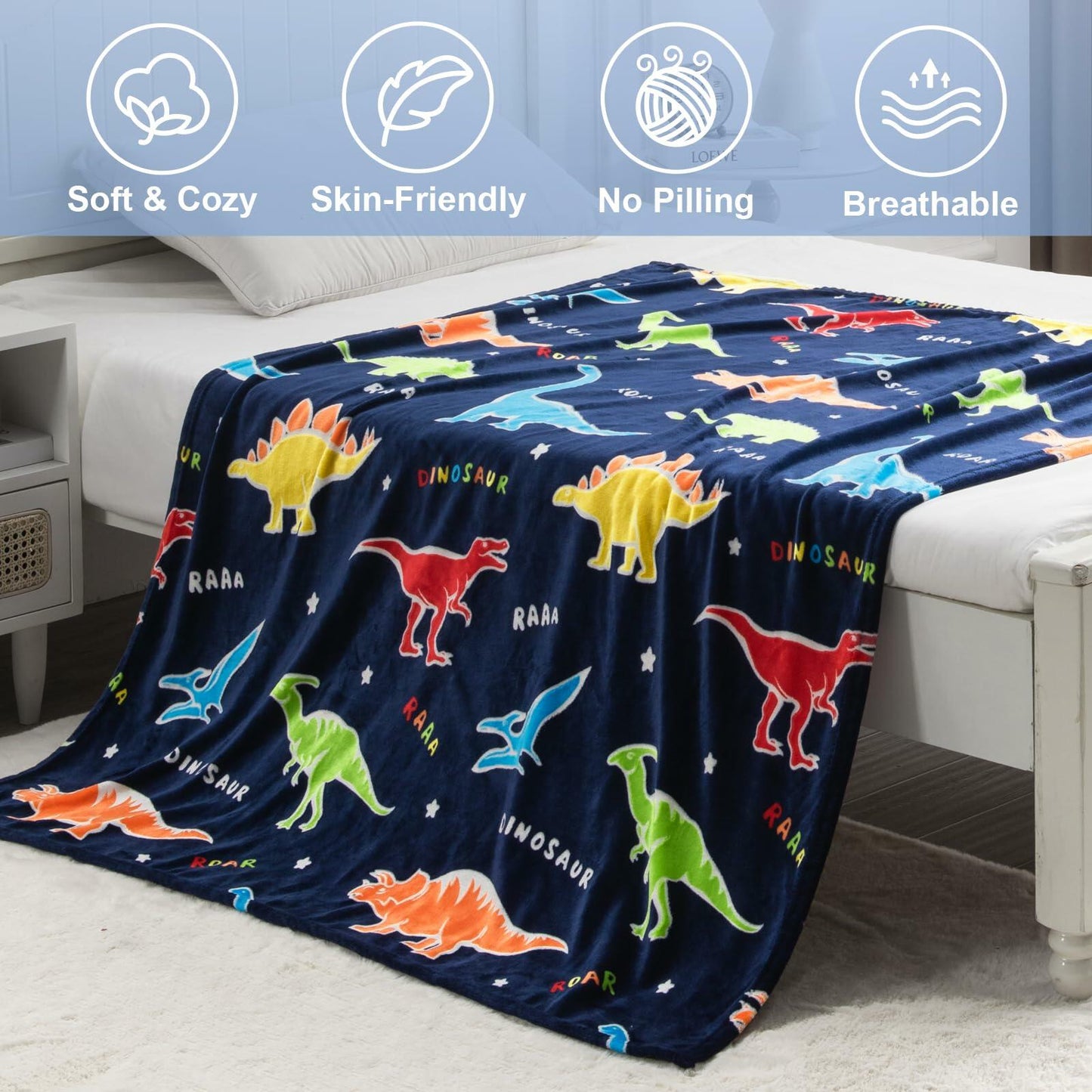 Dinosaur Glow-in-the-Dark Blanket Kids Soft Throw 50x60 Inches