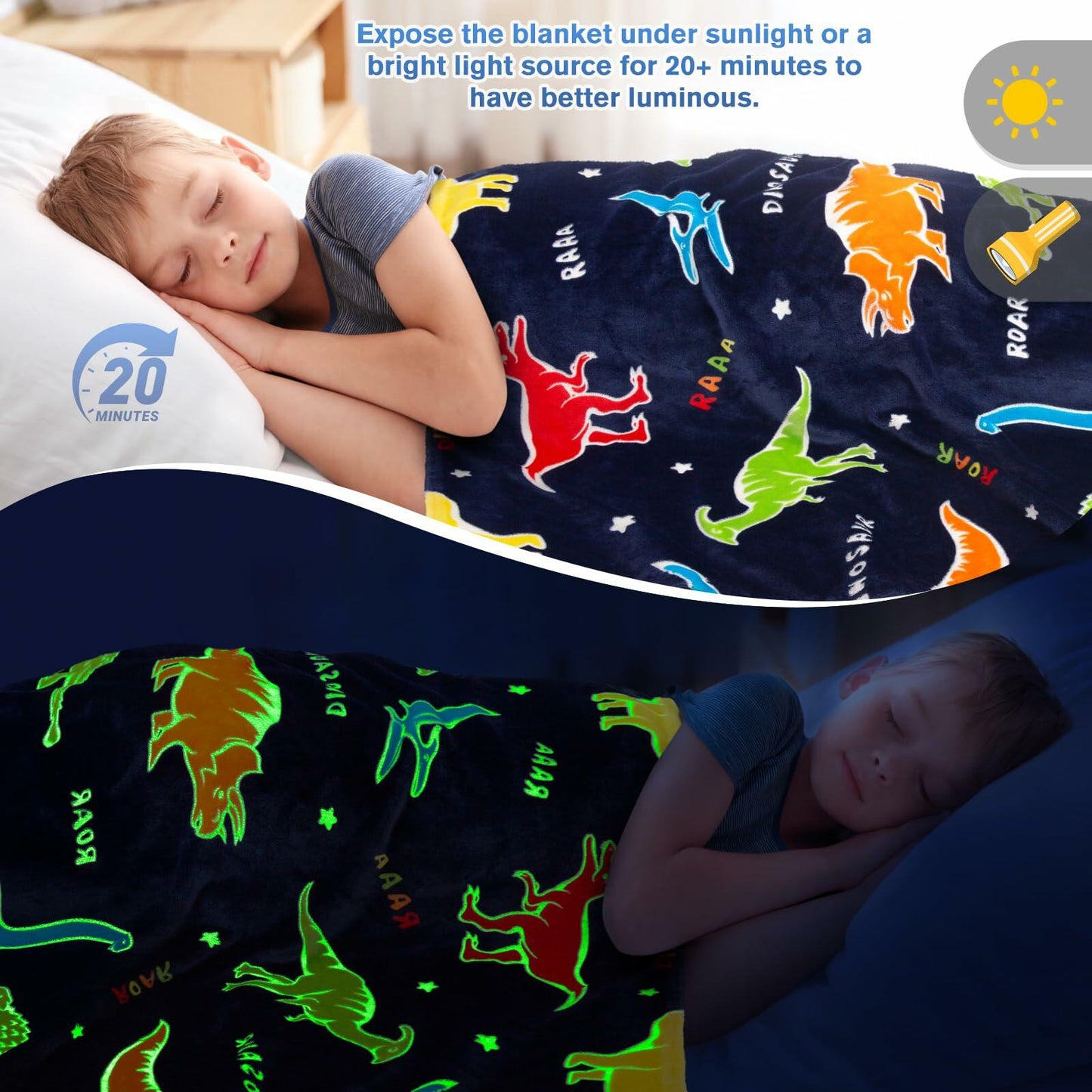 Dinosaur Glow-in-the-Dark Blanket Kids Soft Throw 50x60 Inches