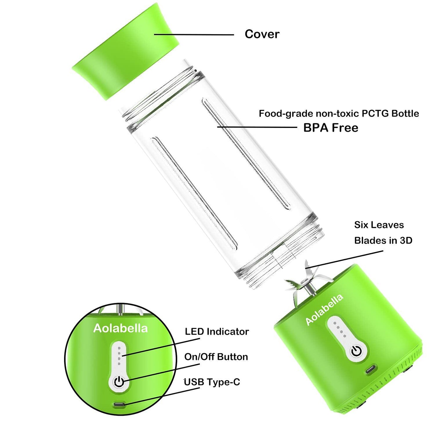 Portable Blender 500ml USB Juicer Cup Green Personal Size with 6 Blades